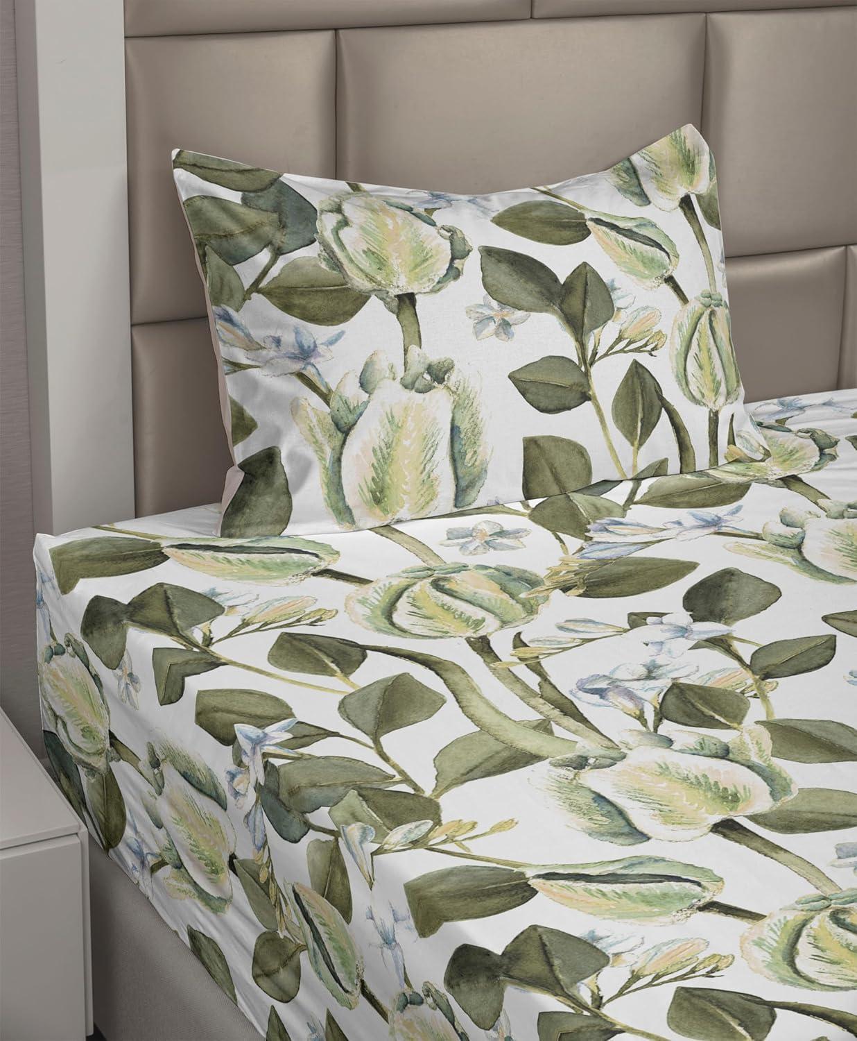 imageAmbesonne Spring Floral Sheet Set Valentines Day Concept Romantic Garden Flowers with Leaves Greenery Fitted and Flat Sheet with Pillowcases Bedding Accent 4 Piece Set Queen Seafoam Peach WhitePistachio Green and White