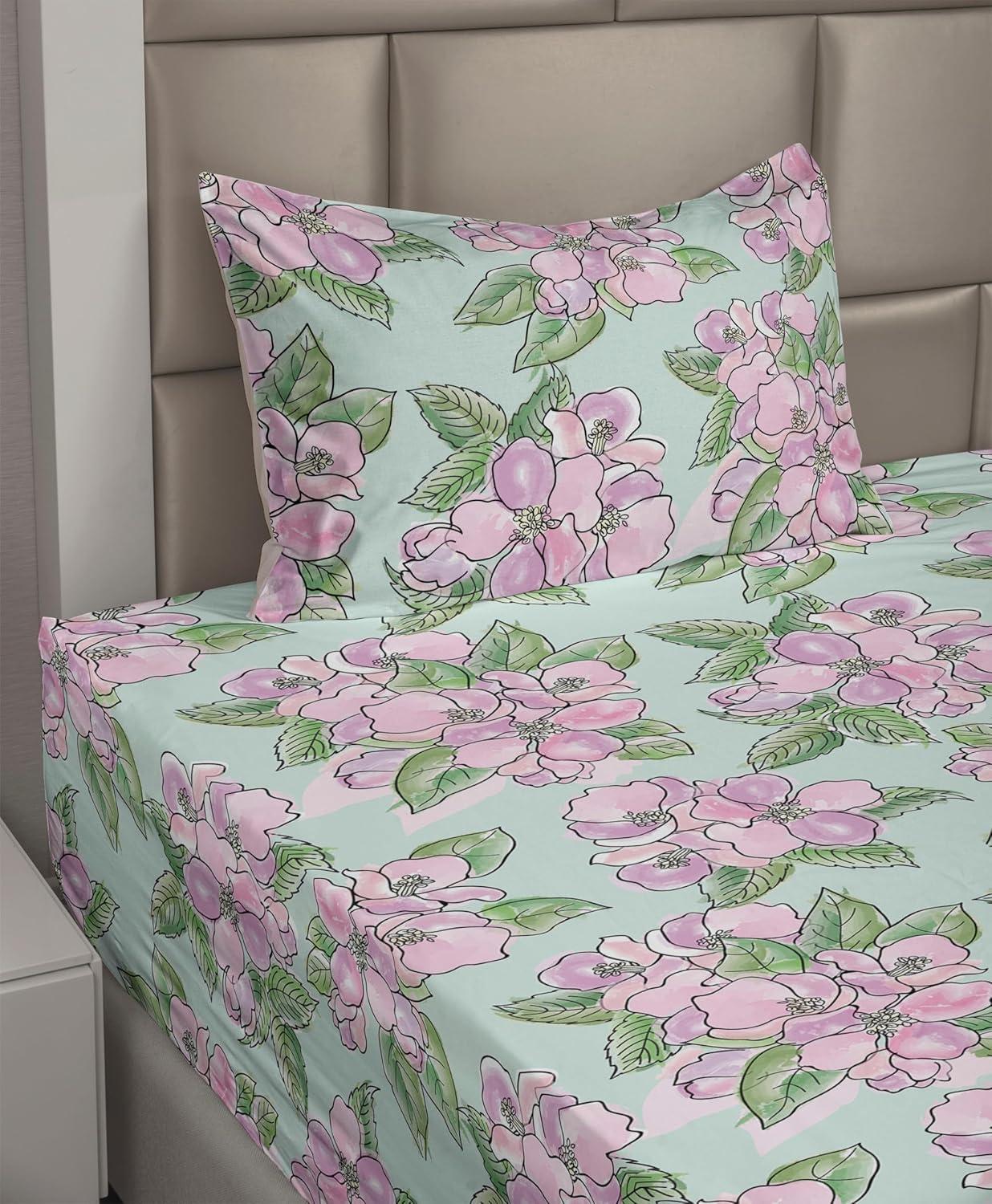 imageAmbesonne Spring Floral Sheet Set Valentines Day Concept Romantic Garden Flowers with Leaves Greenery Fitted and Flat Sheet with Pillowcases Bedding Accent 4 Piece Set Queen Seafoam Peach WhitePale Fuchsia Fern Green