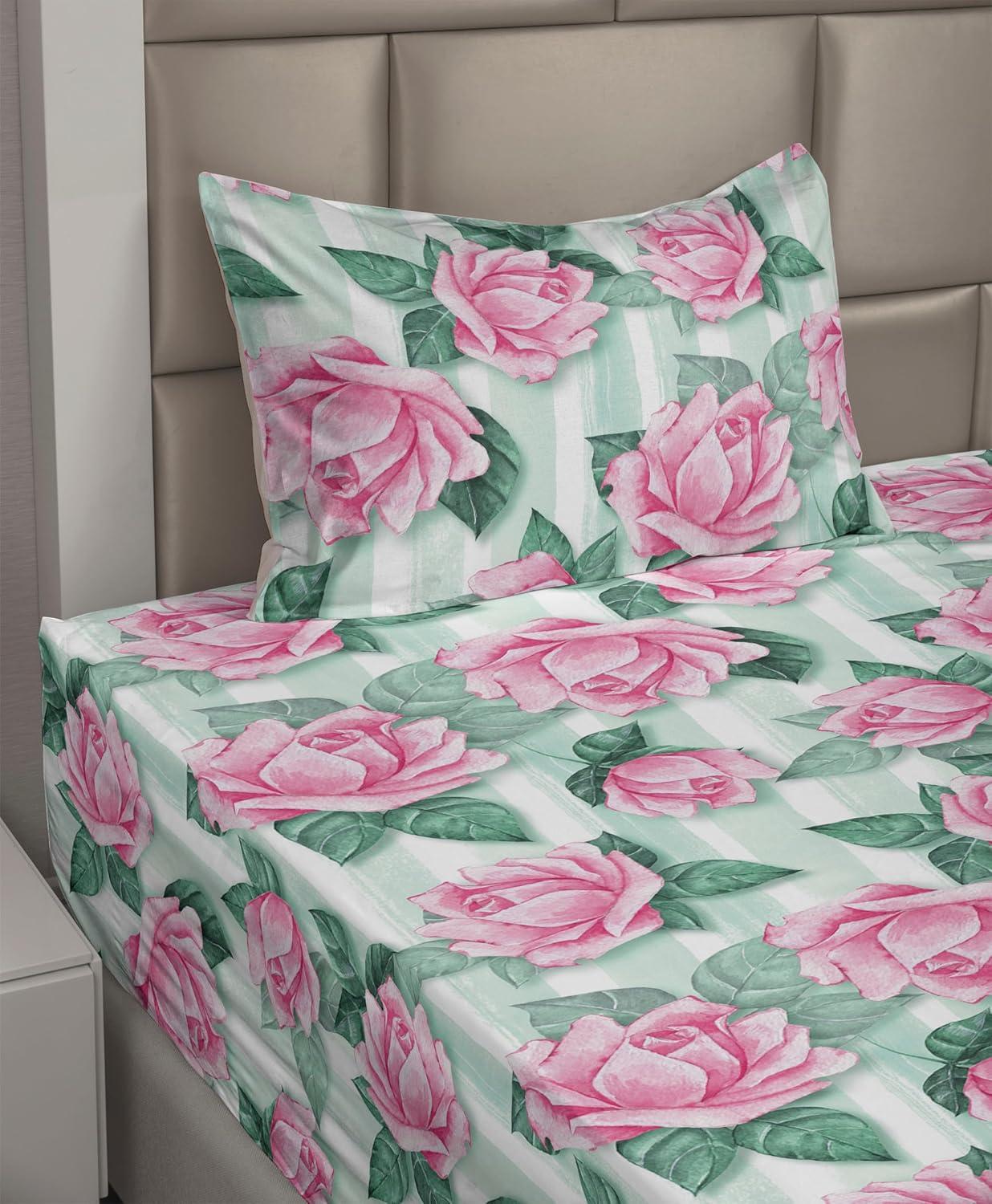 imageAmbesonne Spring Floral Sheet Set Valentines Day Concept Romantic Garden Flowers with Leaves Greenery Fitted and Flat Sheet with Pillowcases Bedding Accent 4 Piece Set Queen Seafoam Peach WhitePastel Pink Jade Green