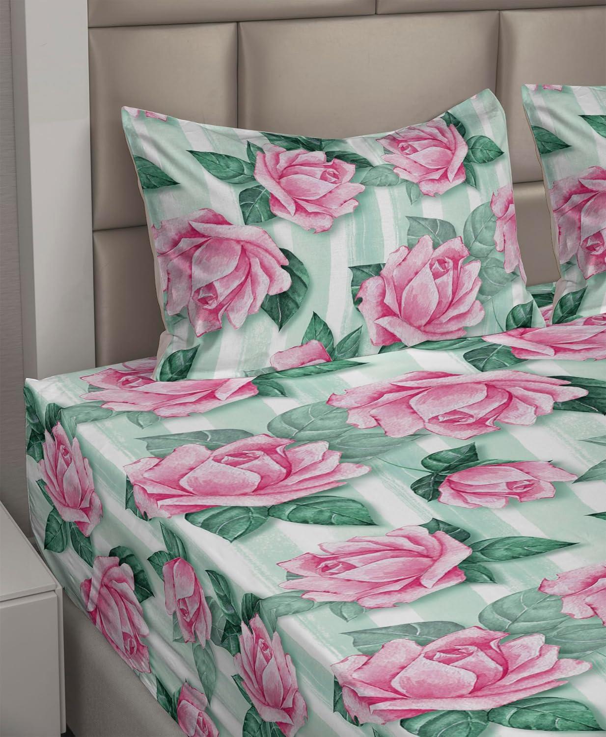 imageAmbesonne Spring Floral Sheet Set Valentines Day Concept Romantic Garden Flowers with Leaves Greenery Fitted and Flat Sheet with Pillowcases Bedding Accent 4 Piece Set Queen Seafoam Peach WhitePastel Pink Jade Green