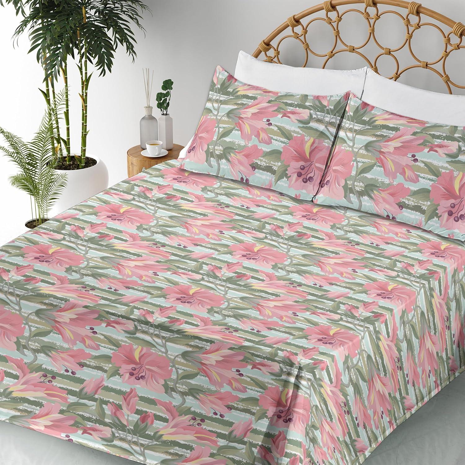imageAmbesonne Spring Floral Sheet Set Valentines Day Concept Romantic Garden Flowers with Leaves Greenery Fitted and Flat Sheet with Pillowcases Bedding Accent 4 Piece Set Queen Seafoam Peach WhitePeacock Green Pastel Pink