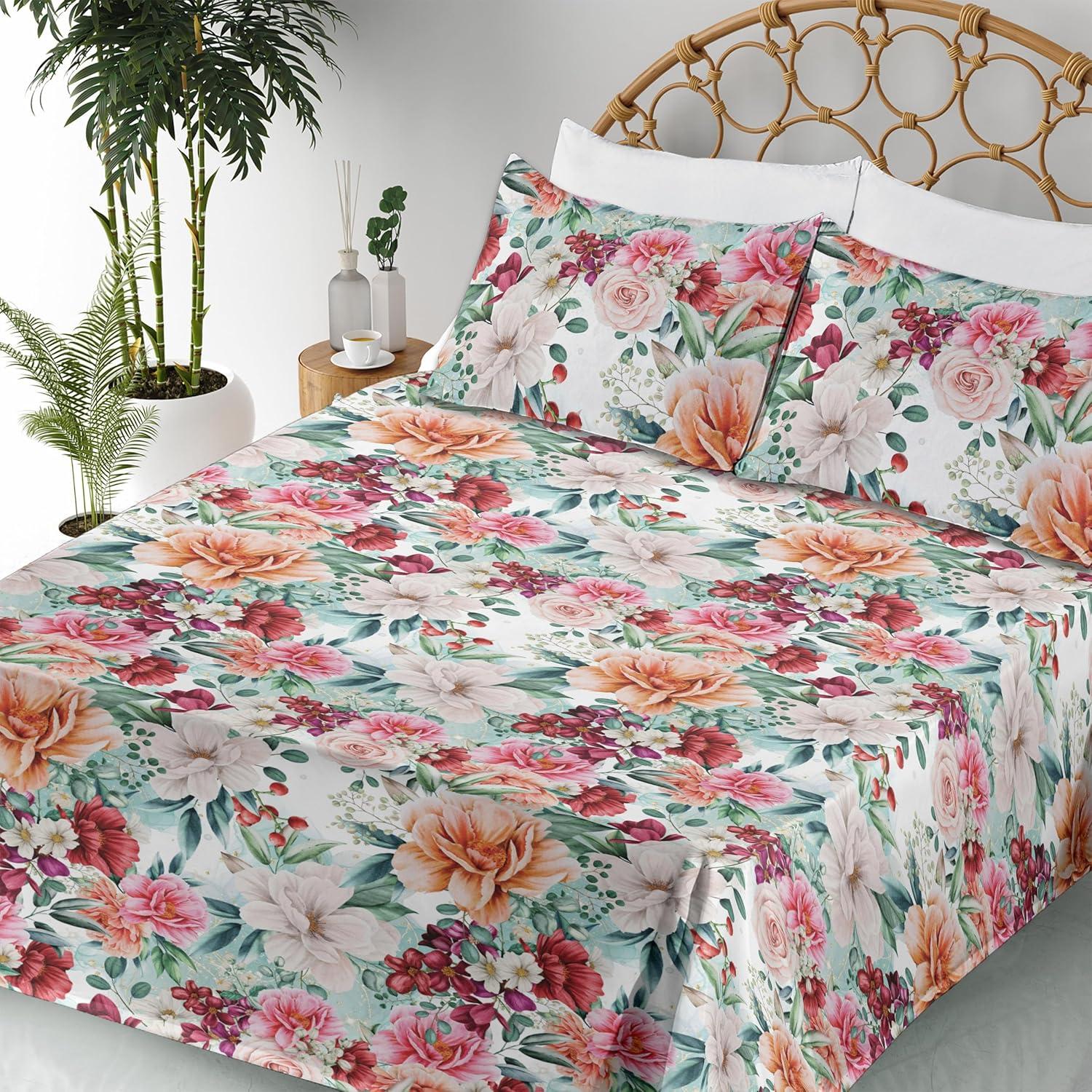imageAmbesonne Spring Floral Sheet Set Valentines Day Concept Romantic Garden Flowers with Leaves Greenery Fitted and Flat Sheet with Pillowcases Bedding Accent 4 Piece Set Queen Seafoam Peach WhiteJade Green Burnt Sienna