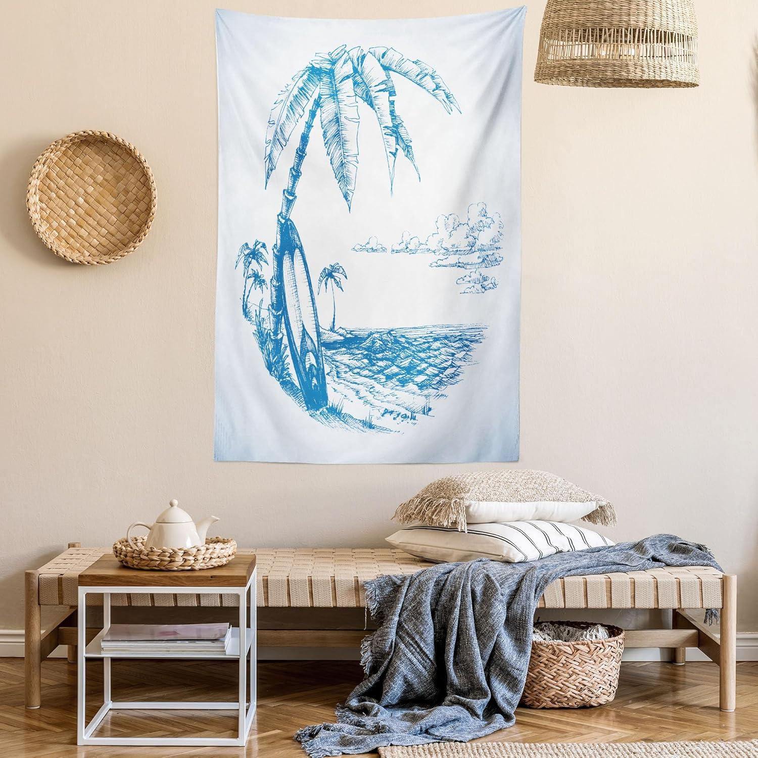 imageAmbesonne Surf Tapestry Contemporary Sketch Illustration Hawaiian Beach Surfboard Palms Ocean Water Wall Hanging for Bedroom Living Room Dorm Decor 60 X 80 Blue and White