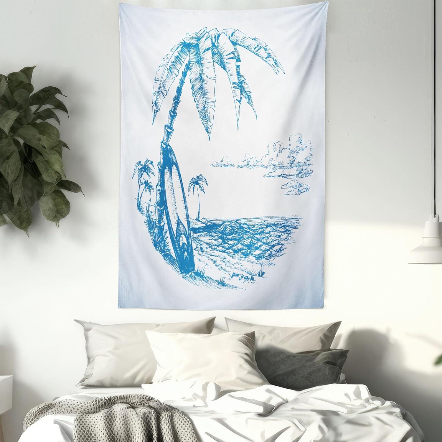imageAmbesonne Surf Tapestry Contemporary Sketch Illustration Hawaiian Beach Surfboard Palms Ocean Water Wall Hanging for Bedroom Living Room Dorm Decor 60 X 80 Blue and White