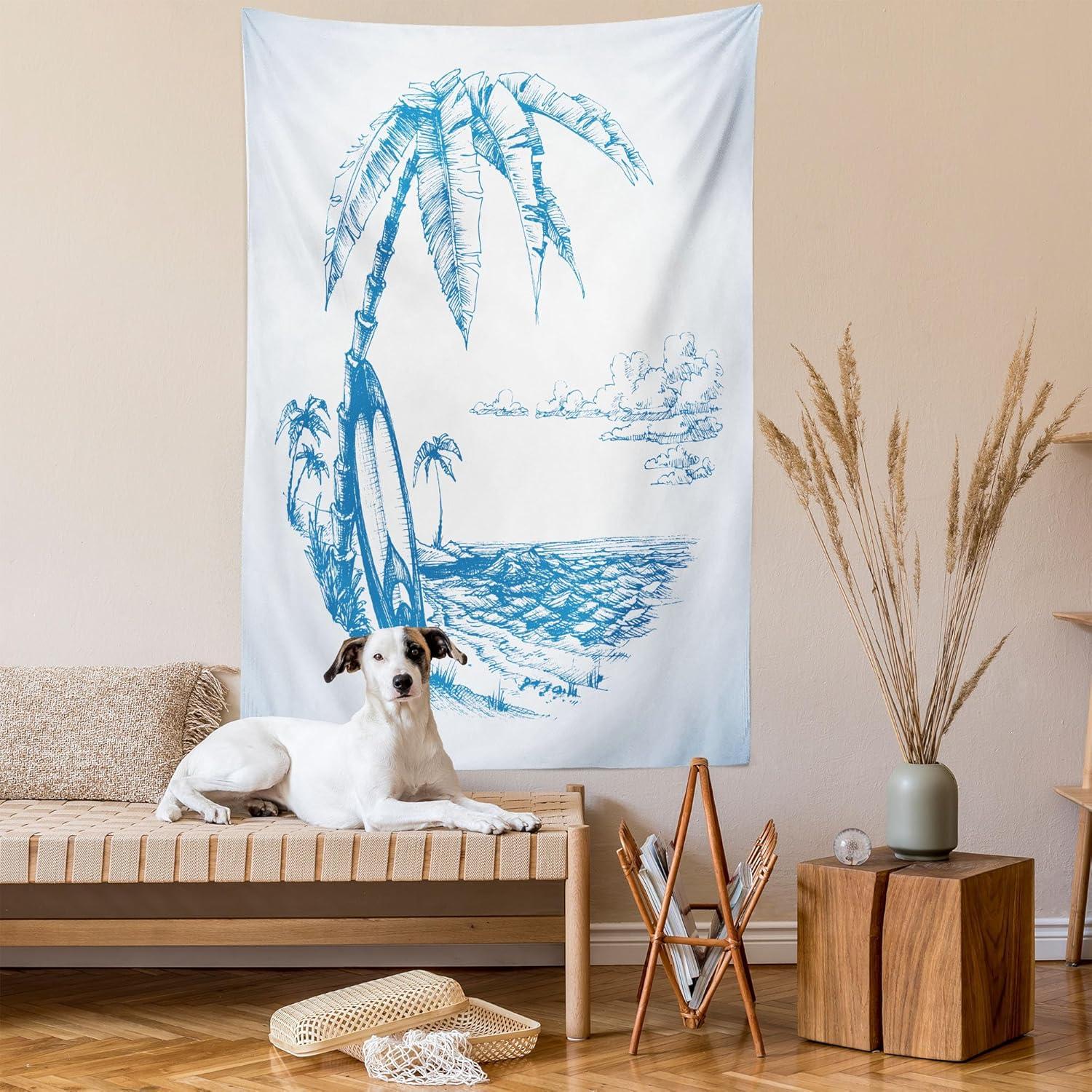 imageAmbesonne Surf Tapestry Contemporary Sketch Illustration Hawaiian Beach Surfboard Palms Ocean Water Wall Hanging for Bedroom Living Room Dorm Decor 60 X 80 Blue and White