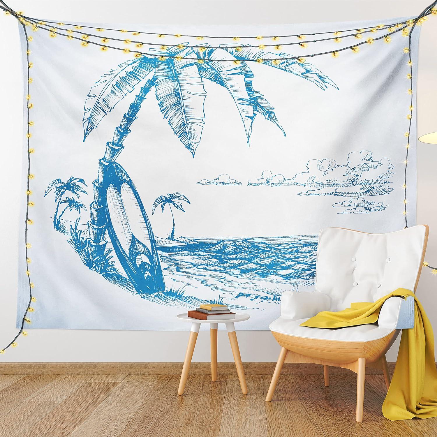 imageAmbesonne Surf Tapestry Contemporary Sketch Illustration Hawaiian Beach Surfboard Palms Ocean Water Wall Hanging for Bedroom Living Room Dorm Decor 60 X 80 Blue and White