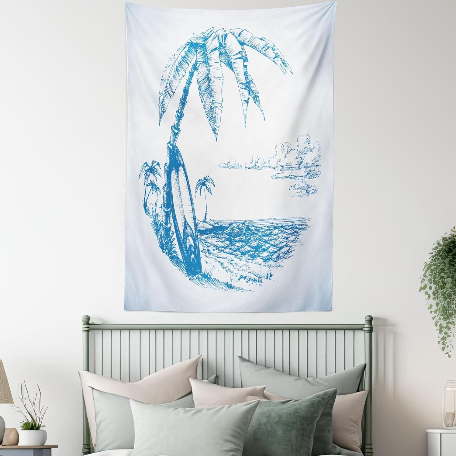 imageAmbesonne Surf Tapestry Contemporary Sketch Illustration Hawaiian Beach Surfboard Palms Ocean Water Wall Hanging for Bedroom Living Room Dorm Decor 60 X 80 Blue and White