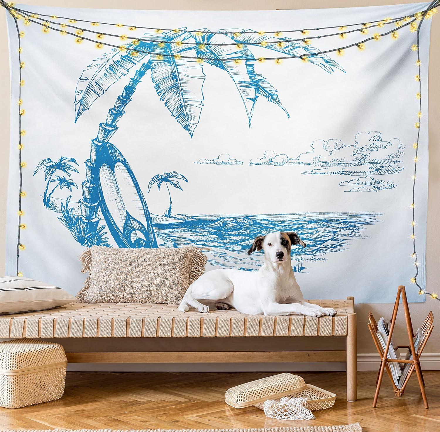 imageAmbesonne Surf Tapestry Contemporary Sketch Illustration Hawaiian Beach Surfboard Palms Ocean Water Wall Hanging for Bedroom Living Room Dorm Decor 60 X 80 Blue and White