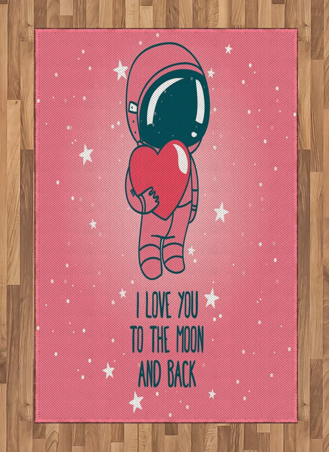 imageAmbesonne Valentines Area Rug I Love You to The Moon and Back Lettering with an Astronaut Holding Heart Flat Woven Accent Rug for Living Room Bedroom Dining Room 2 6 x 5 Pink Dark TealPink Dark Teal