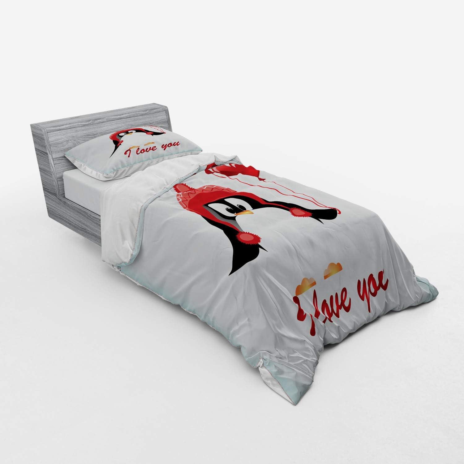 imageAmbesonne Valentines Bedding Set Happy Birthday Balloons I Love You Lettering Funny Penguin Image 3 Piece Duvet Cover Set with Sham and Fitted Sheet California King Pale Blue Black RedRed Black Baby Blue