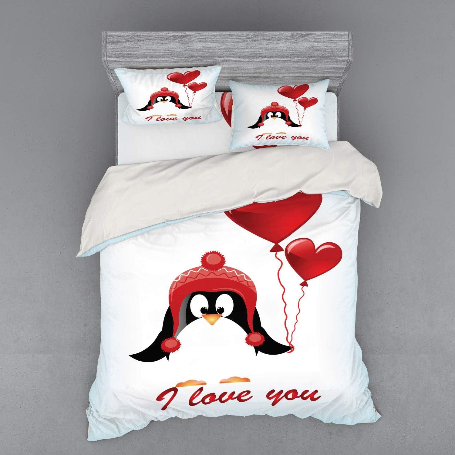 imageAmbesonne Valentines Bedding Set Happy Birthday Balloons I Love You Lettering Funny Penguin Image 3 Piece Duvet Cover Set with Sham and Fitted Sheet California King Pale Blue Black RedRed Black Baby Blue