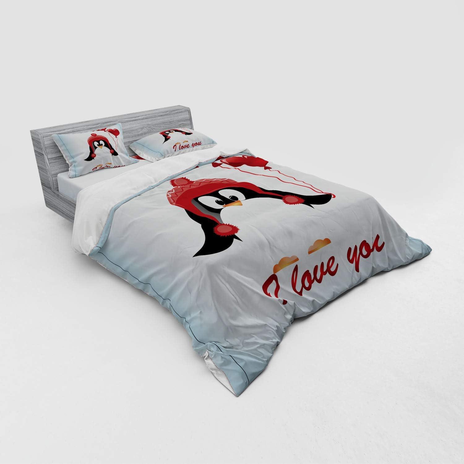 imageAmbesonne Valentines Bedding Set Happy Birthday Balloons I Love You Lettering Funny Penguin Image 3 Piece Duvet Cover Set with Sham and Fitted Sheet California King Pale Blue Black RedRed Black Baby Blue