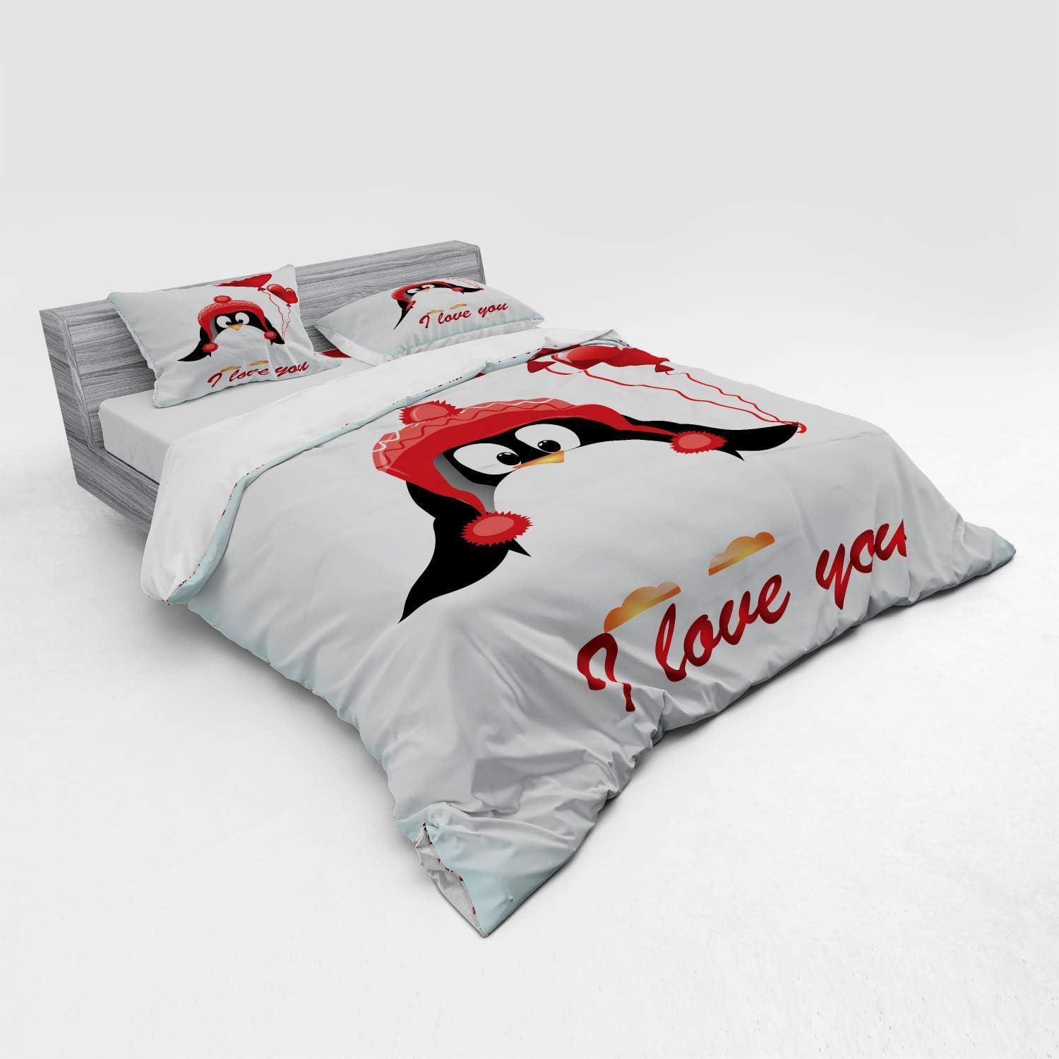 imageAmbesonne Valentines Bedding Set Happy Birthday Balloons I Love You Lettering Funny Penguin Image 3 Piece Duvet Cover Set with Sham and Fitted Sheet California King Pale Blue Black RedRed Black Baby Blue
