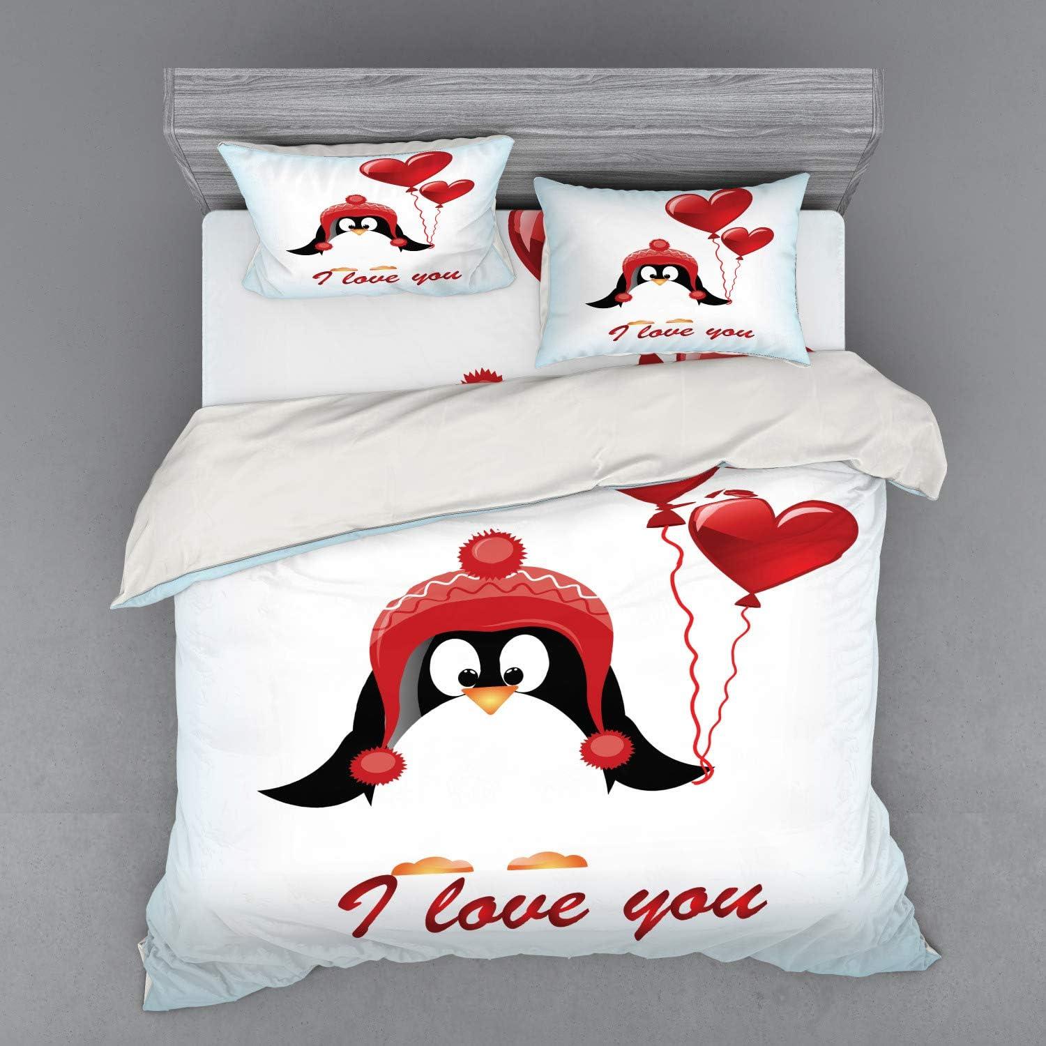 imageAmbesonne Valentines Bedding Set Happy Birthday Balloons I Love You Lettering Funny Penguin Image 3 Piece Duvet Cover Set with Sham and Fitted Sheet California King Pale Blue Black RedRed Black Baby Blue