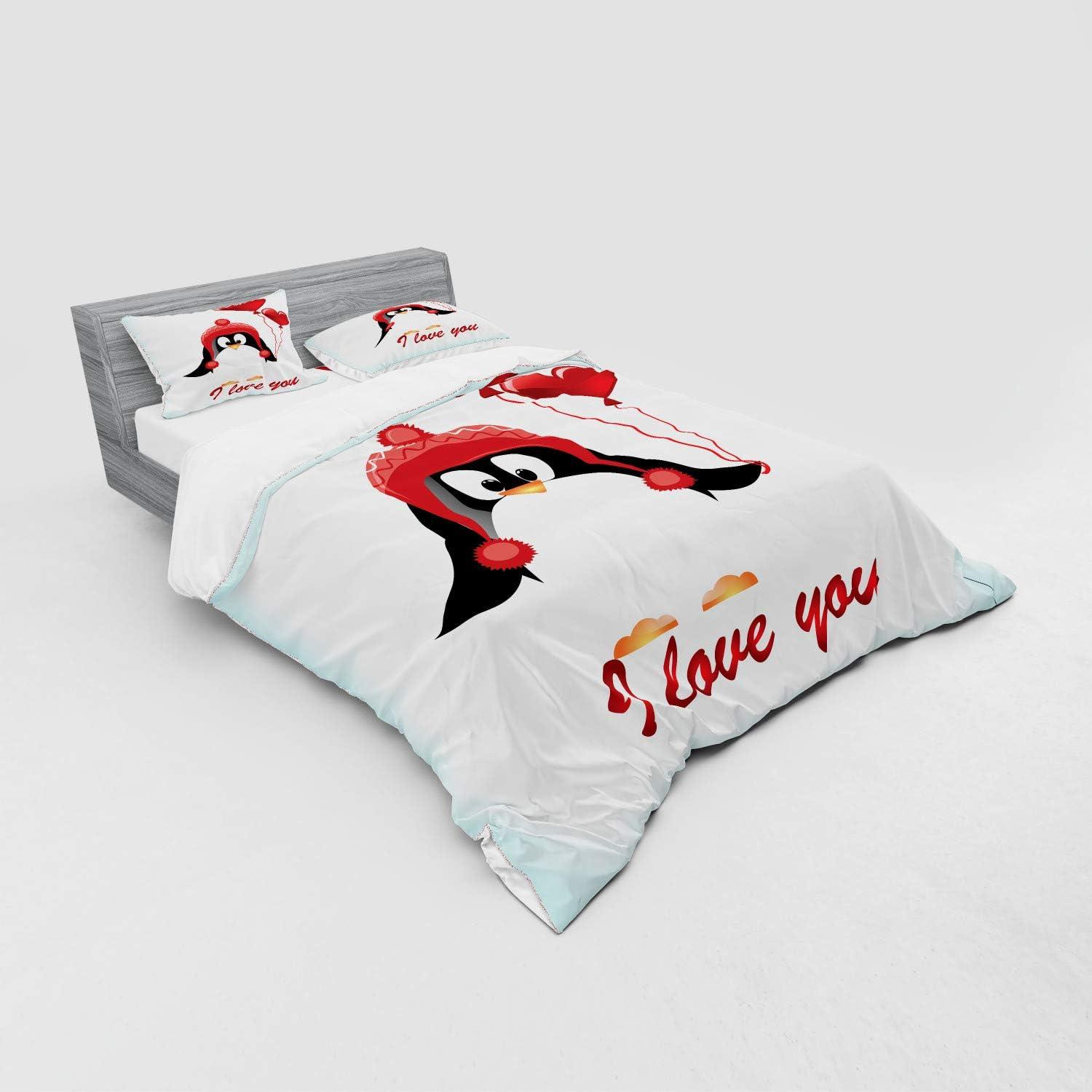 imageAmbesonne Valentines Bedding Set Happy Birthday Balloons I Love You Lettering Funny Penguin Image 3 Piece Duvet Cover Set with Sham and Fitted Sheet California King Pale Blue Black RedRed Black Baby Blue