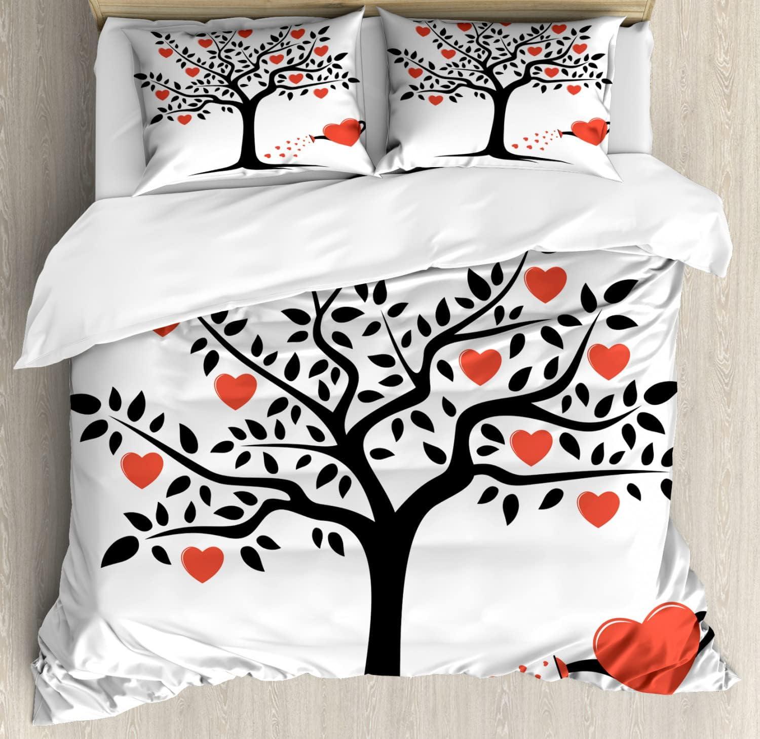 imageAmbesonne Valentines Day Duvet Cover Set Love Tree with Heart Romance Fruits Leaves Forest Couple Art Decorative 3 Piece Bedding Set with 2 Pillow Shams King Size Vermilion BlackVermilion Black
