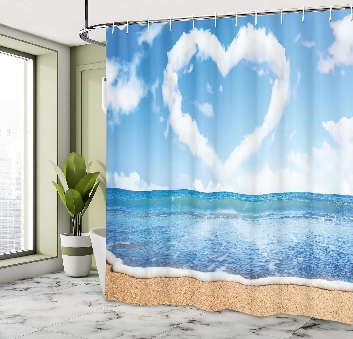 imageAmbesonne Valentines Day Shower Curtain Clouds in Clear Blue Sky Forming a Heart Shape Romantic Beach Cloth Fabric Bathroom Decor Set with Hooks 69 W x 84 L Blue White Sand Brown