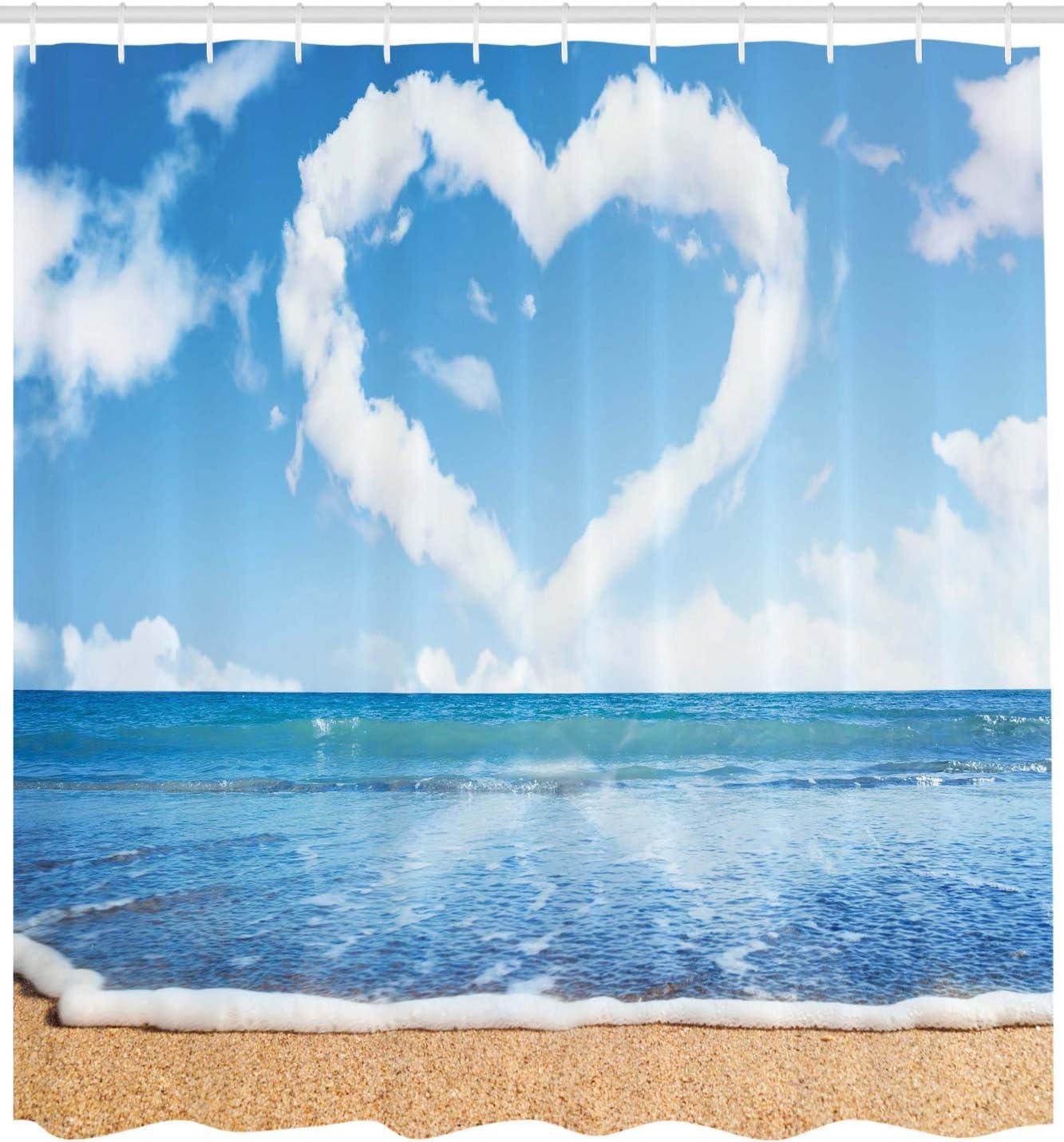 imageAmbesonne Valentines Day Shower Curtain Clouds in Clear Blue Sky Forming a Heart Shape Romantic Beach Cloth Fabric Bathroom Decor Set with Hooks 69 W x 84 L Blue White Sand Brown