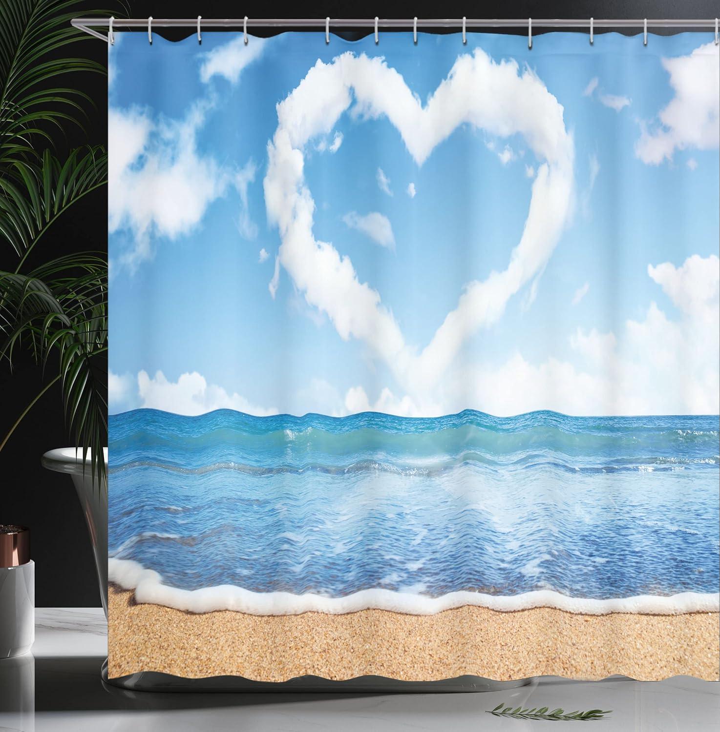 imageAmbesonne Valentines Day Shower Curtain Clouds in Clear Blue Sky Forming a Heart Shape Romantic Beach Cloth Fabric Bathroom Decor Set with Hooks 69 W x 84 L Blue White Sand Brown
