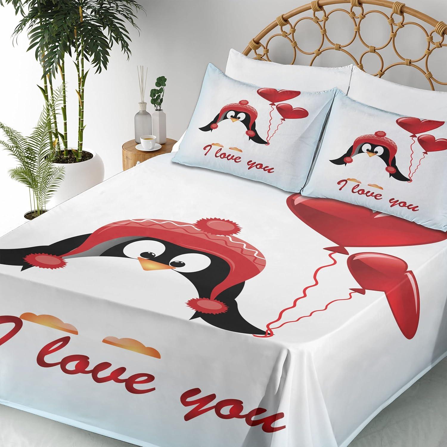 imageAmbesonne Valentines Sheet Set Happy Birthday Balloons I Love You Lettering Funny Penguin Image Fitted and Flat Sheet with Pillowcases Bedding Accent 4 Piece Set Queen Pale Blue Black Red