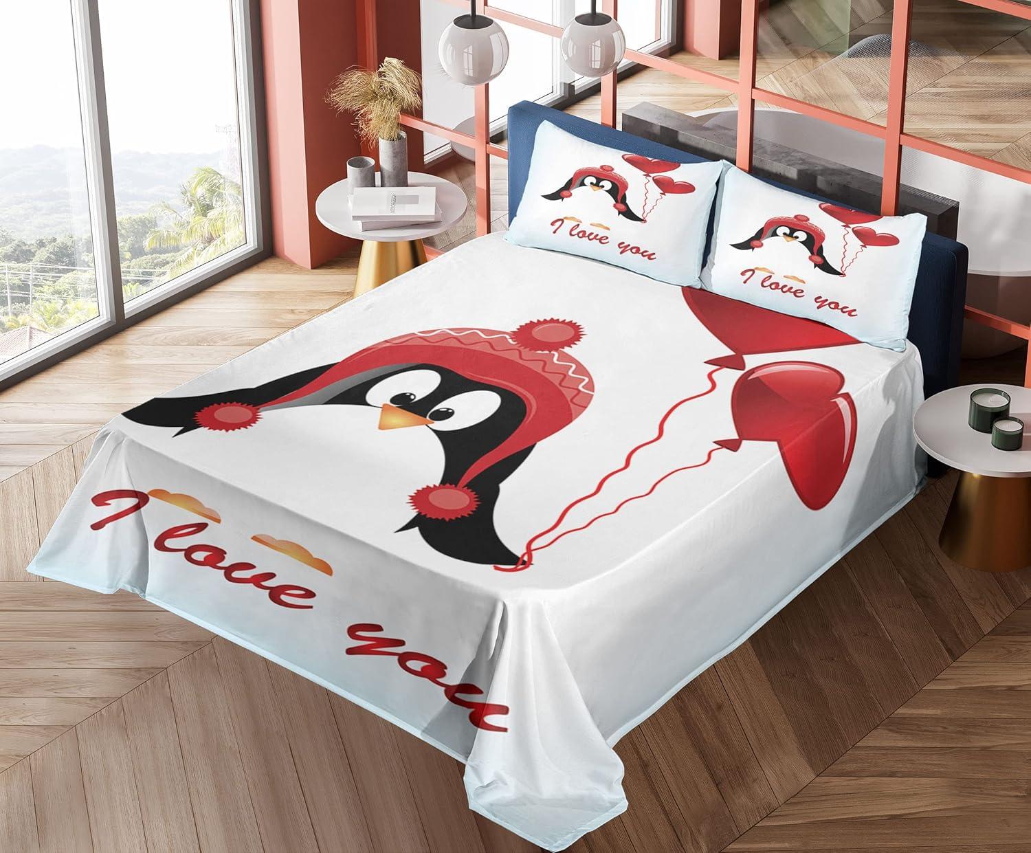 imageAmbesonne Valentines Sheet Set Happy Birthday Balloons I Love You Lettering Funny Penguin Image Fitted and Flat Sheet with Pillowcases Bedding Accent 4 Piece Set Queen Pale Blue Black Red