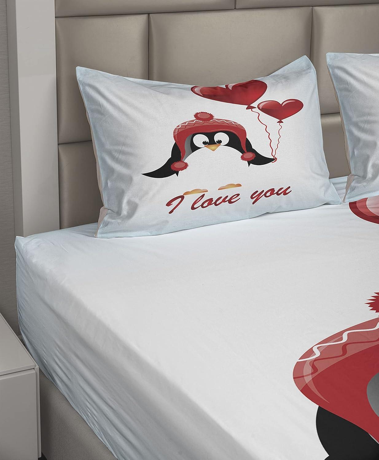 imageAmbesonne Valentines Sheet Set Happy Birthday Balloons I Love You Lettering Funny Penguin Image Fitted and Flat Sheet with Pillowcases Bedding Accent 4 Piece Set Queen Pale Blue Black Red