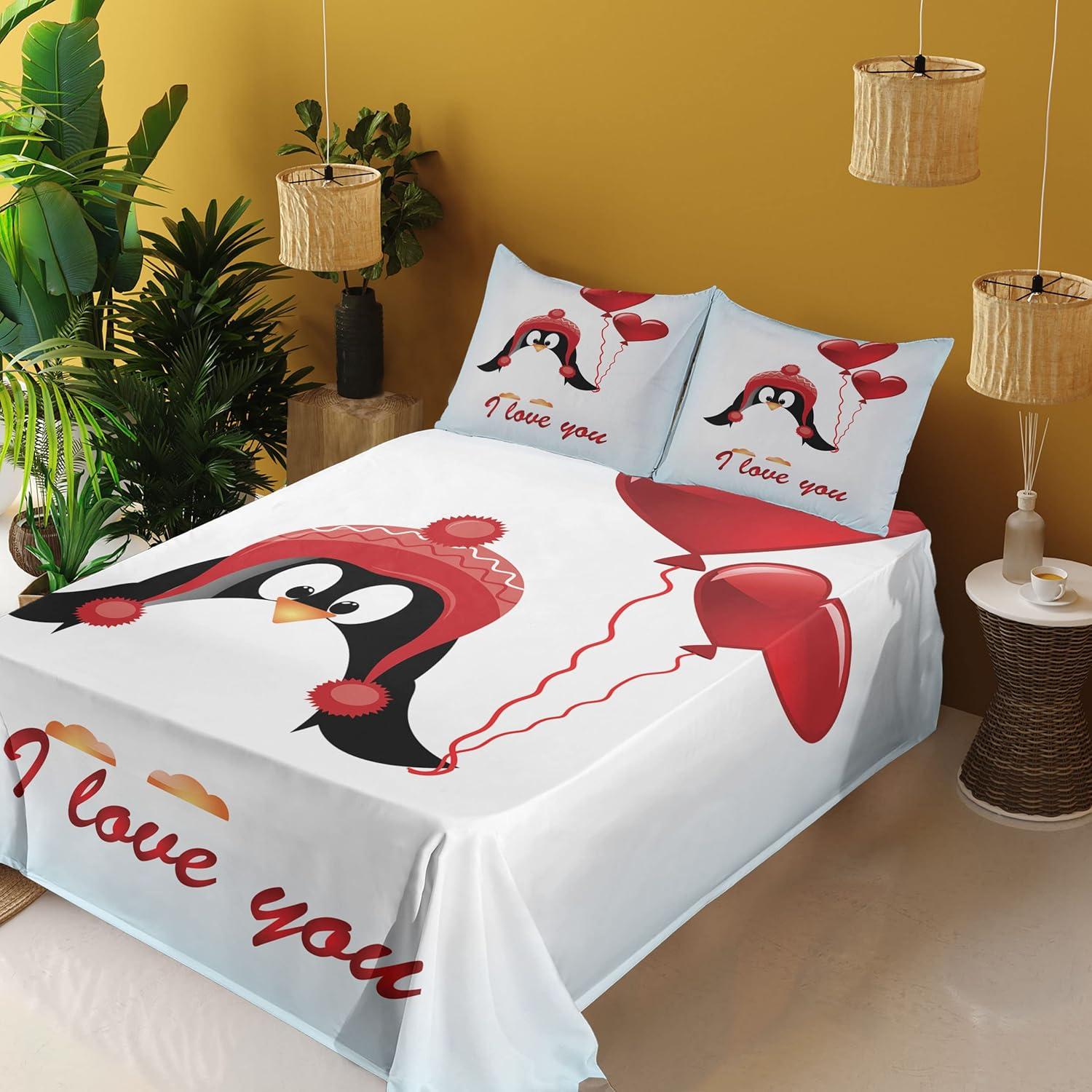 imageAmbesonne Valentines Sheet Set Happy Birthday Balloons I Love You Lettering Funny Penguin Image Fitted and Flat Sheet with Pillowcases Bedding Accent 4 Piece Set Queen Pale Blue Black Red