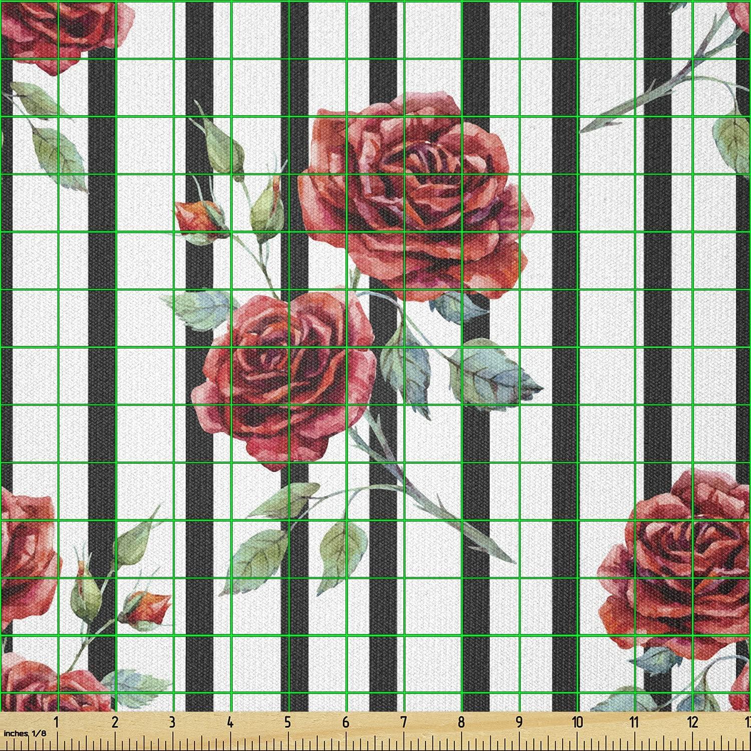 imageAmbesonne Watercolor Fabric by The Yard Rose Pattern with Vertical Stripes Pattern Romantic Valentines Day Stretch Knit Fabric for Clothing Sewing and Arts Crafts 3 Yards Ruby Reseda Green BlackRuby Reseda Green Black