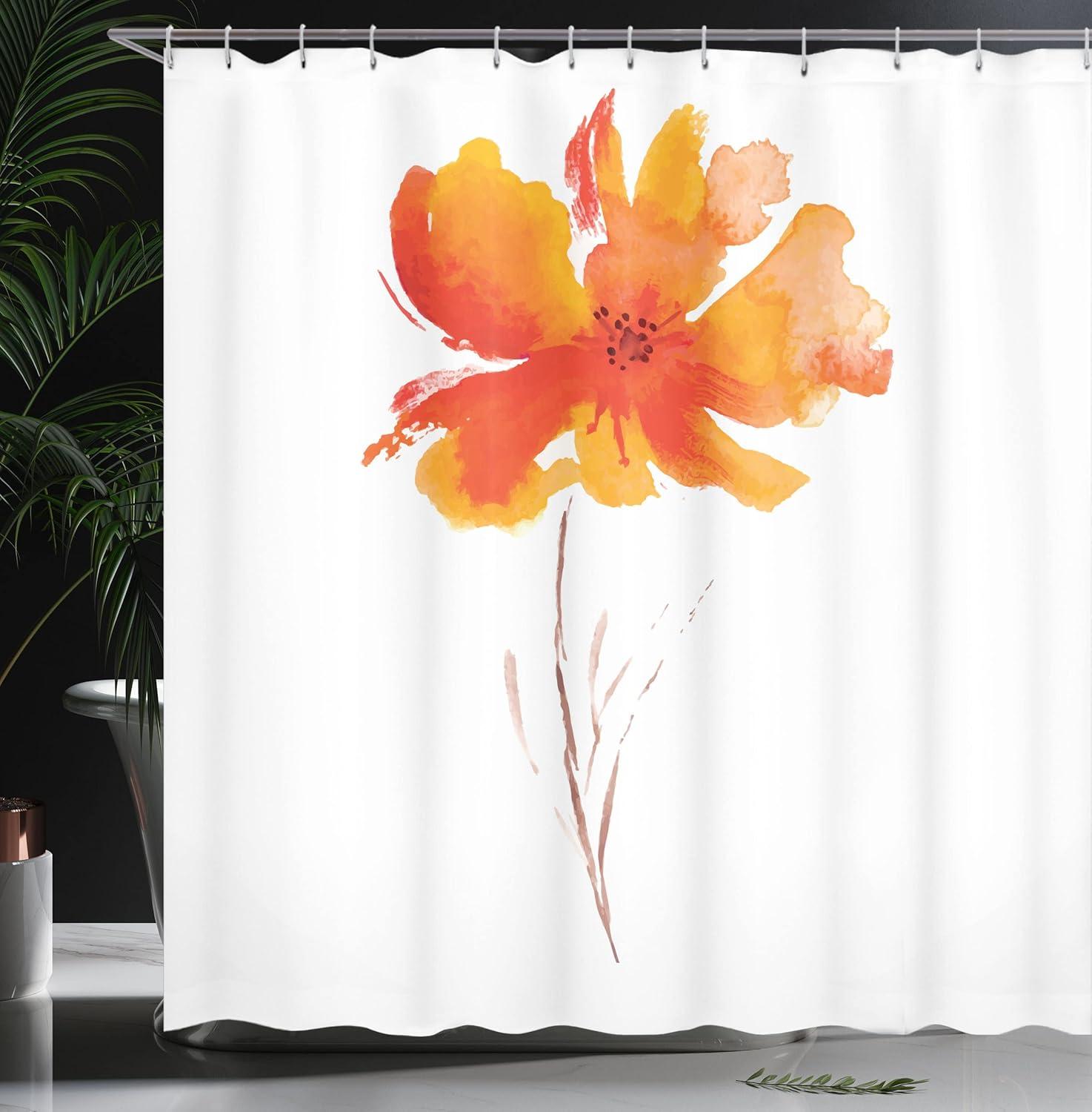 imageAmbesonne Watercolor Flower Shower Curtain Single Poppy Bloom on a Plain Clear Background Inspired by Nature Romantic Style Cloth Fabric Bathroom Decor Set with Hooks 69 W x 84 L White Orange