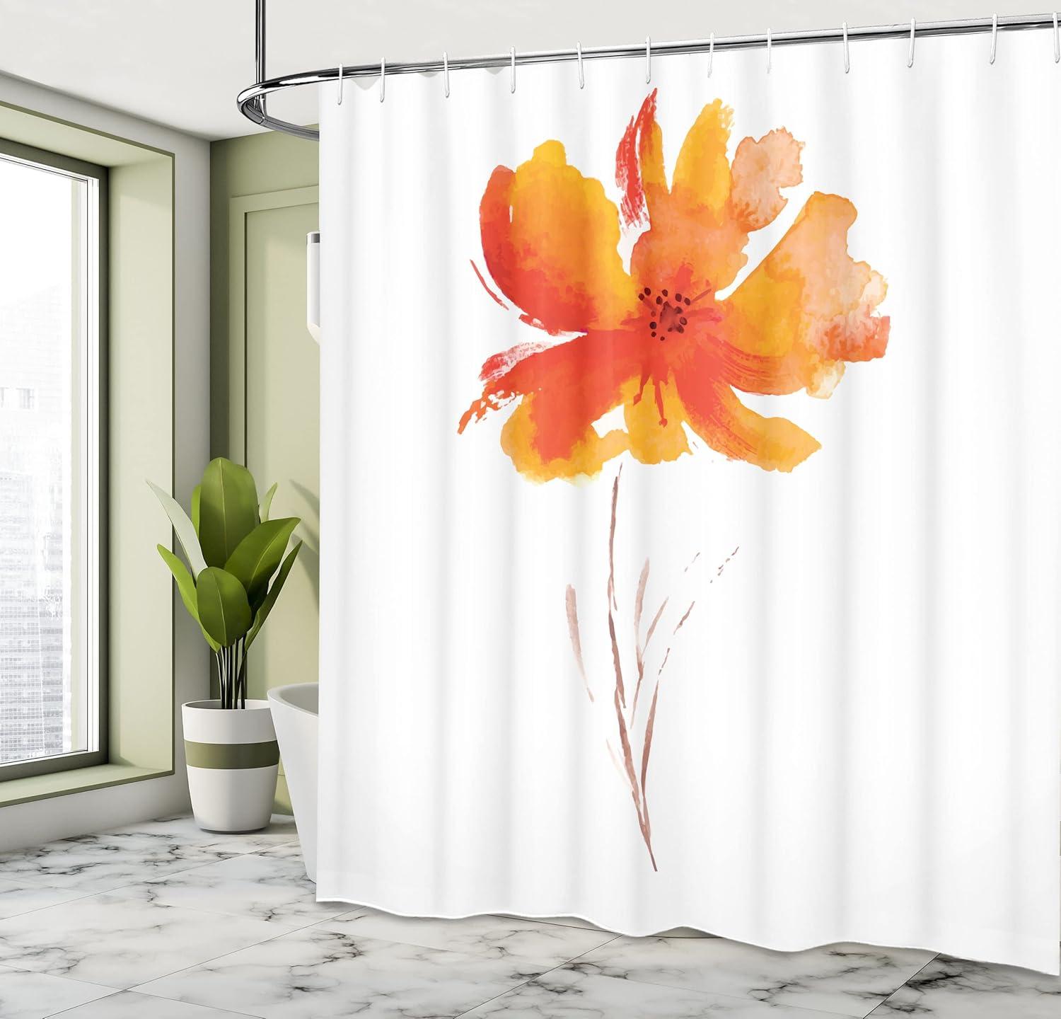 imageAmbesonne Watercolor Flower Shower Curtain Single Poppy Bloom on a Plain Clear Background Inspired by Nature Romantic Style Cloth Fabric Bathroom Decor Set with Hooks 69 W x 84 L White Orange