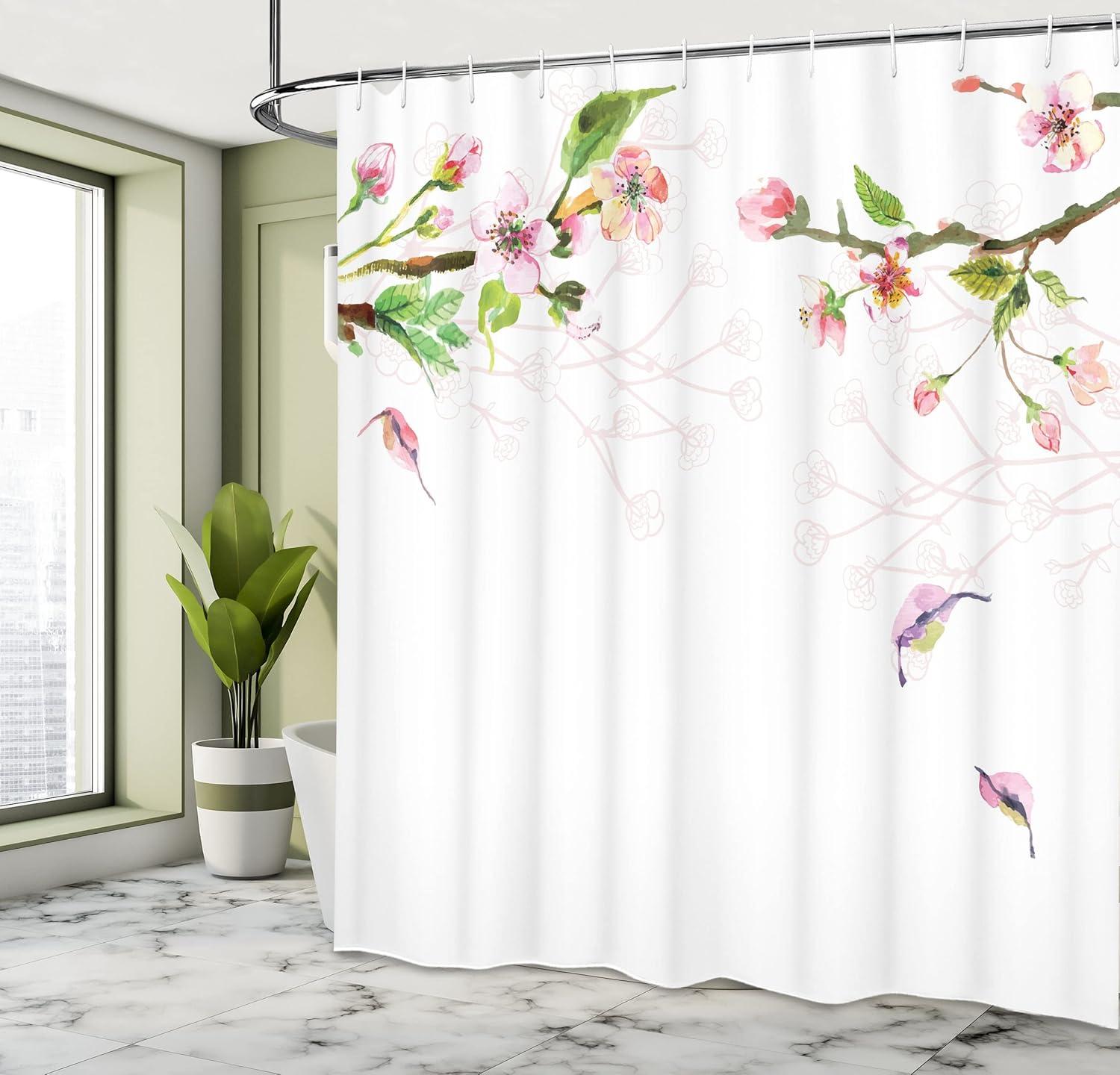 imageAmbesonne Watercolor Shower Curtain Apple Tree Blooming in Spring Season Branches Falling Leaves Romantic Cloth Fabric Bathroom Decor Set with Hooks 69 W x 70 L Pale Pink Green