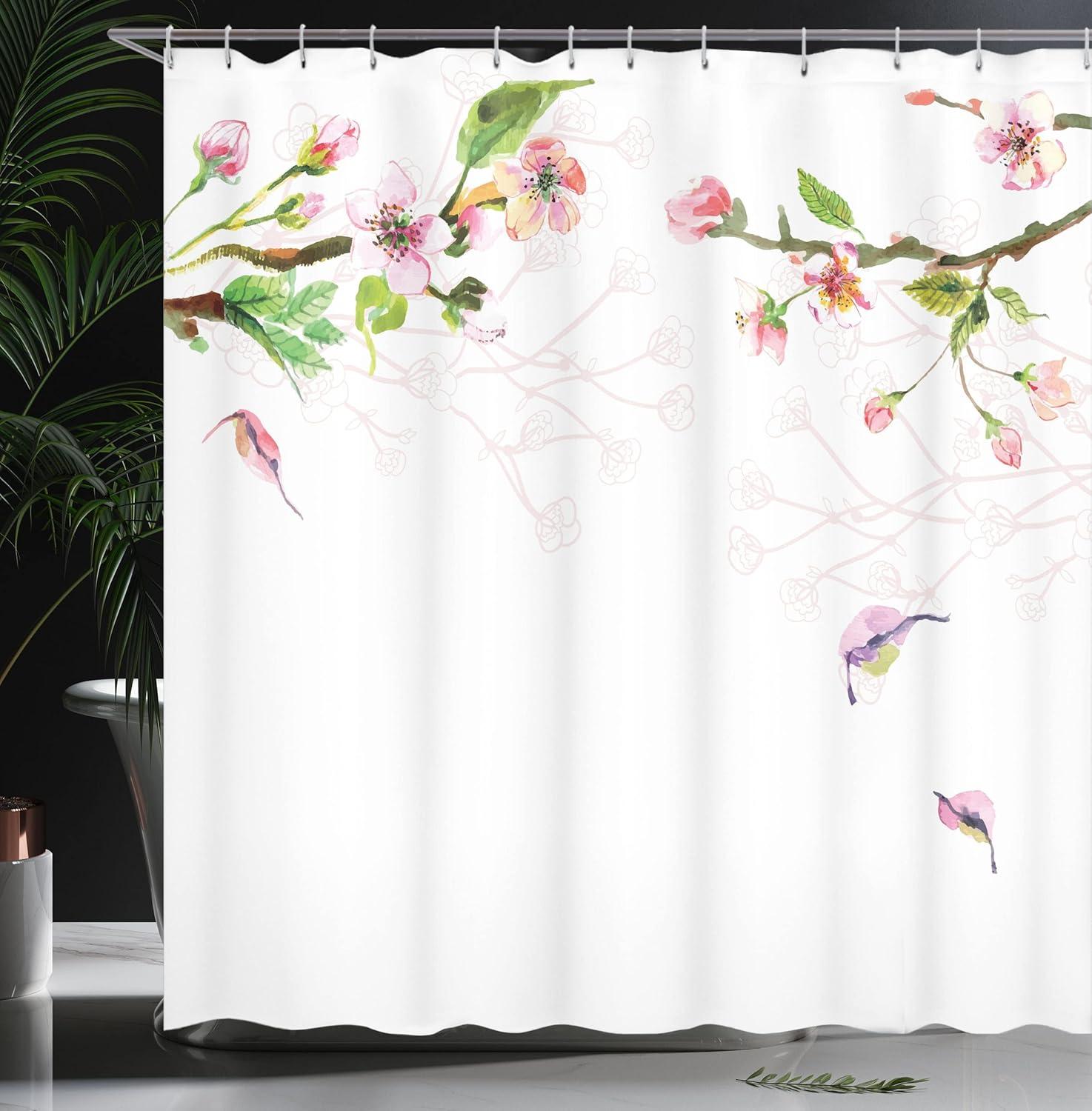 imageAmbesonne Watercolor Shower Curtain Apple Tree Blooming in Spring Season Branches Falling Leaves Romantic Cloth Fabric Bathroom Decor Set with Hooks 69 W x 70 L Pale Pink Green