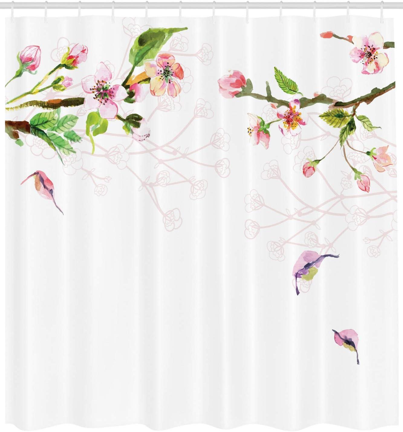 imageAmbesonne Watercolor Shower Curtain Apple Tree Blooming in Spring Season Branches Falling Leaves Romantic Cloth Fabric Bathroom Decor Set with Hooks 69 W x 70 L Pale Pink Green