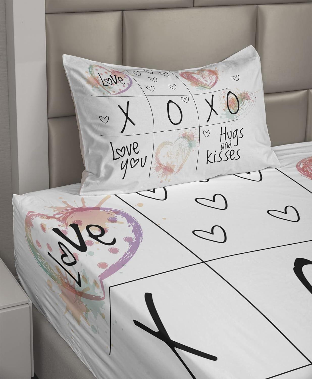 imageAmbesonne Xo Sheet Set Love You Hugs Kisses Watercolor Splashes Heart Valentines Art Fitted and Flat Sheet with Pillowcase Bedding Accent 3 Piece Set Twin XL Mint Green White