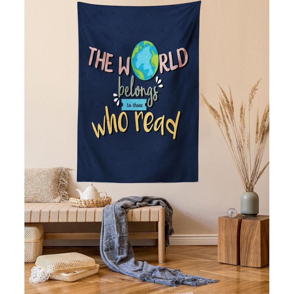imageAmbesonne Book Tapestry World Belongs to Those Who Read Inspirational Words Print on Dark Blue Background Wall Hanging for Bedroom Living Room Dorm Decor 40 X 60 Navy Blue