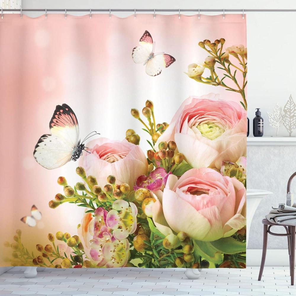 imageAmbesonne Butterfly Shower Curtain Pastel Colored Blossoming Roses with Spring Season Insects Romantic Feminine Cloth Fabric Bathroom Decor Set with Hooks 69 W x 84 L Rose Fern Green