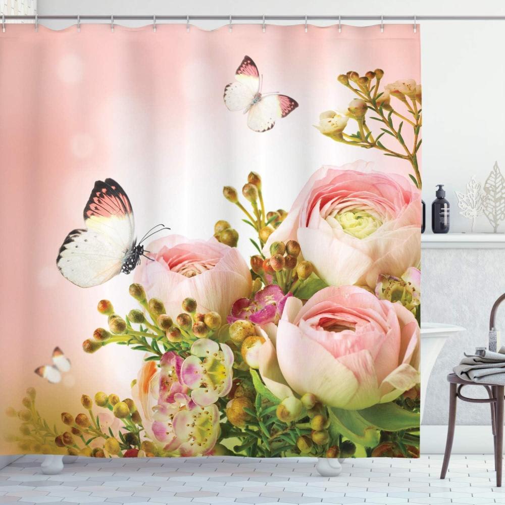 imageAmbesonne Butterfly Shower Curtain Pastel Colored Blossoming Roses with Spring Season Insects Romantic Feminine Cloth Fabric Bathroom Decor Set with Hooks 69 W x 75 L Rose Fern Green