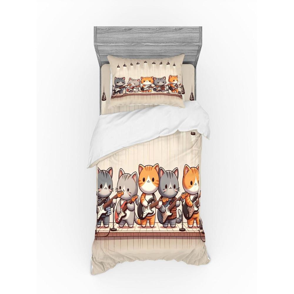 imageAmbesonne Cat Bedding Set Romantic Date Night of Kitties Drinking Milkshake Cozy Night Scene Valentines 4 Piece Duvet Cover Set with Shams and Fitted Sheet Queen Size Dark Blue ApricotGrey Orange and Pale Tan