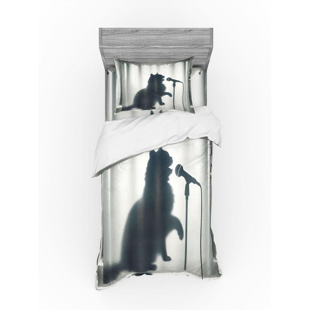 imageAmbesonne Cat Bedding Set Romantic Date Night of Kitties Drinking Milkshake Cozy Night Scene Valentines 4 Piece Duvet Cover Set with Shams and Fitted Sheet Queen Size Dark Blue ApricotDark Blue Grey Off White