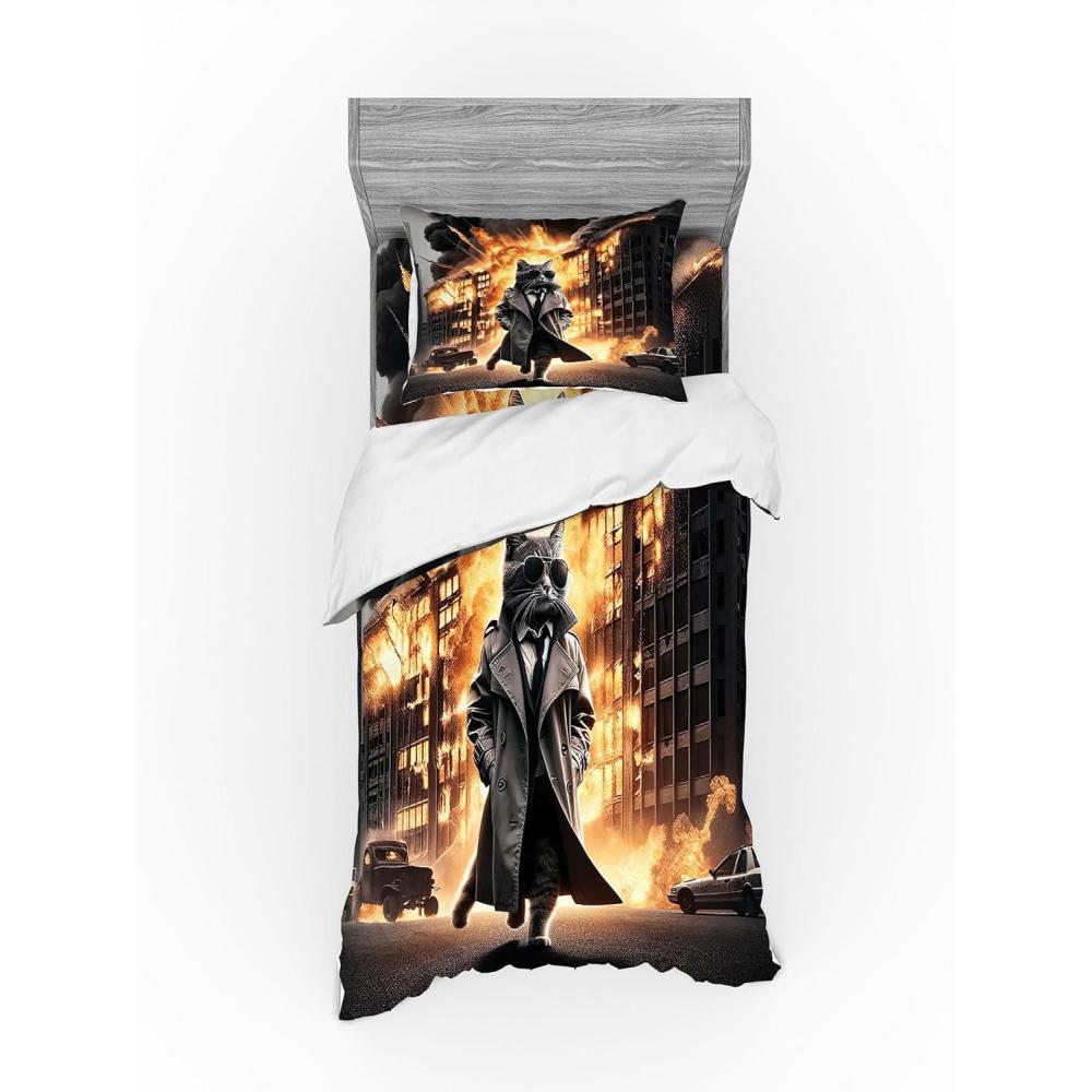 imageAmbesonne Cat Bedding Set Romantic Date Night of Kitties Drinking Milkshake Cozy Night Scene Valentines 4 Piece Duvet Cover Set with Shams and Fitted Sheet Queen Size Dark Blue ApricotPale Orange and Dark Grey