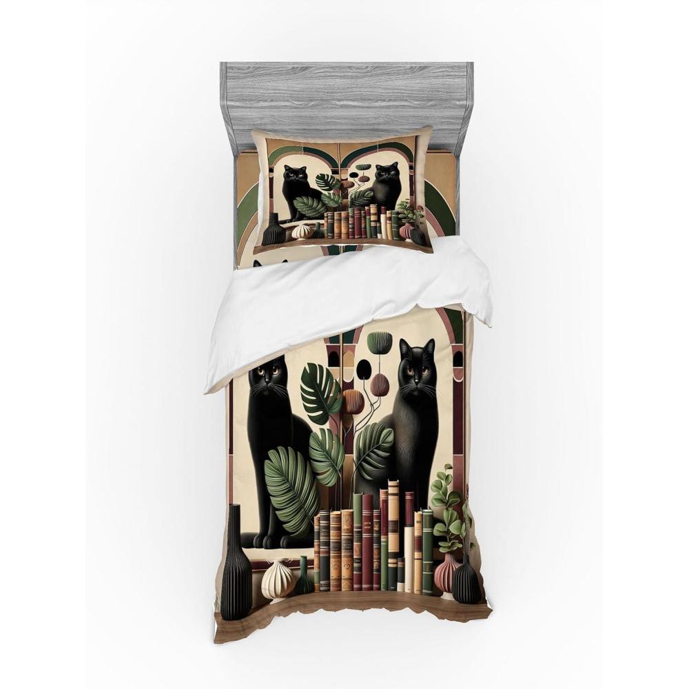 imageAmbesonne Cat Bedding Set Romantic Date Night of Kitties Drinking Milkshake Cozy Night Scene Valentines 4 Piece Duvet Cover Set with Shams and Fitted Sheet Queen Size Dark Blue ApricotSand Brown Maroon Green