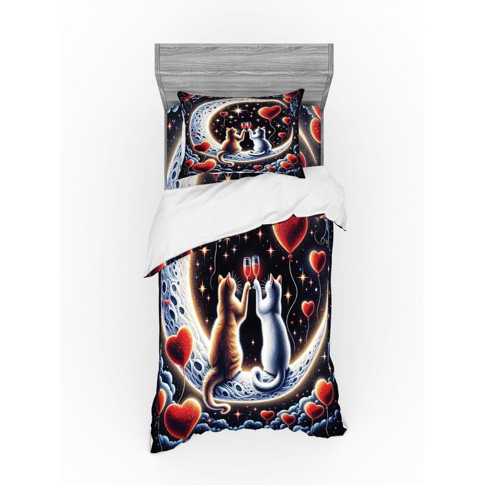 imageAmbesonne Cat Bedding Set Romantic Date Night of Kitties Drinking Milkshake Cozy Night Scene Valentines 4 Piece Duvet Cover Set with Shams and Fitted Sheet Queen Size Dark Blue ApricotIndigo and Scarlet