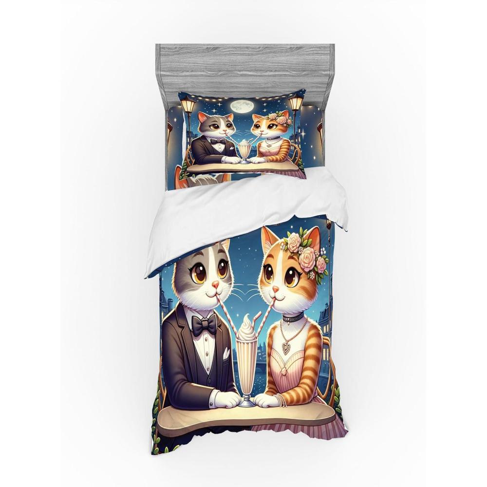 imageAmbesonne Cat Bedding Set Romantic Date Night of Kitties Drinking Milkshake Cozy Night Scene Valentines 4 Piece Duvet Cover Set with Shams and Fitted Sheet Queen Size Dark Blue ApricotDark Blue Apricot