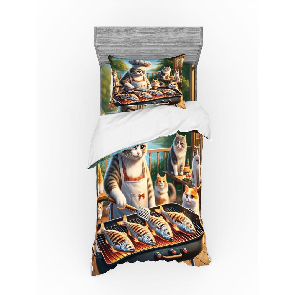 imageAmbesonne Cat Bedding Set Romantic Date Night of Kitties Drinking Milkshake Cozy Night Scene Valentines 4 Piece Duvet Cover Set with Shams and Fitted Sheet Queen Size Dark Blue ApricotGreen Orange