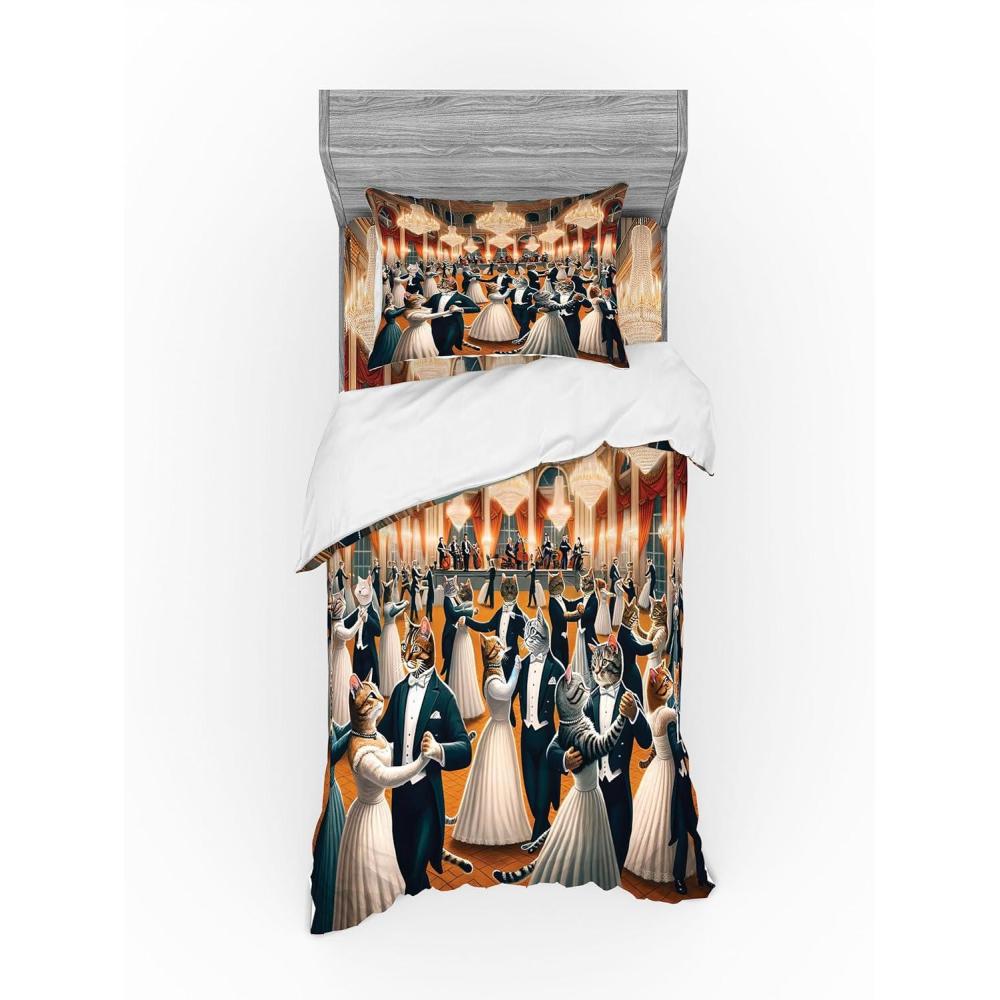imageAmbesonne Cat Bedding Set Romantic Date Night of Kitties Drinking Milkshake Cozy Night Scene Valentines 4 Piece Duvet Cover Set with Shams and Fitted Sheet Queen Size Dark Blue ApricotPetrol Blue and Orange