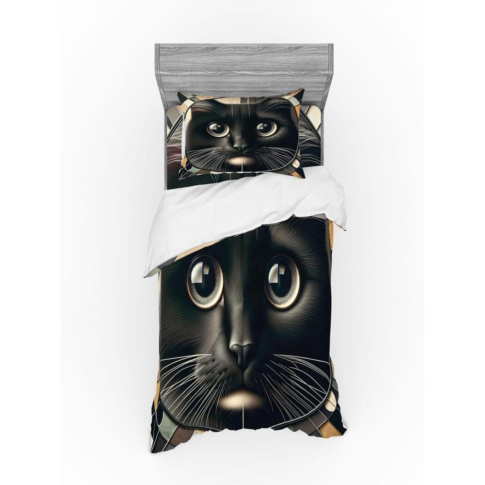 imageAmbesonne Cat Bedding Set Romantic Date Night of Kitties Drinking Milkshake Cozy Night Scene Valentines 4 Piece Duvet Cover Set with Shams and Fitted Sheet Queen Size Dark Blue ApricotCharcoal Grey