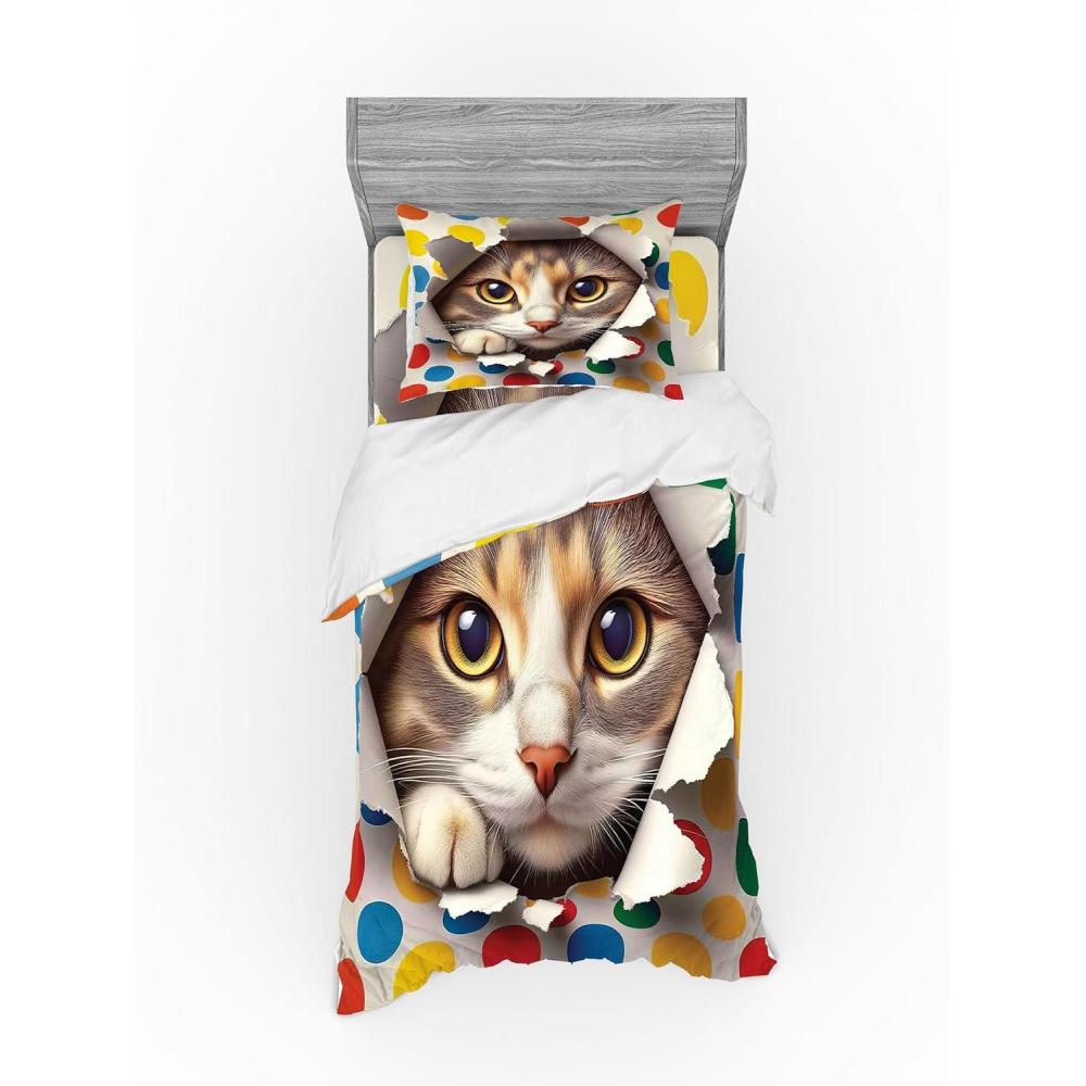 imageAmbesonne Cat Bedding Set Romantic Date Night of Kitties Drinking Milkshake Cozy Night Scene Valentines 4 Piece Duvet Cover Set with Shams and Fitted Sheet Queen Size Dark Blue ApricotMulticolor