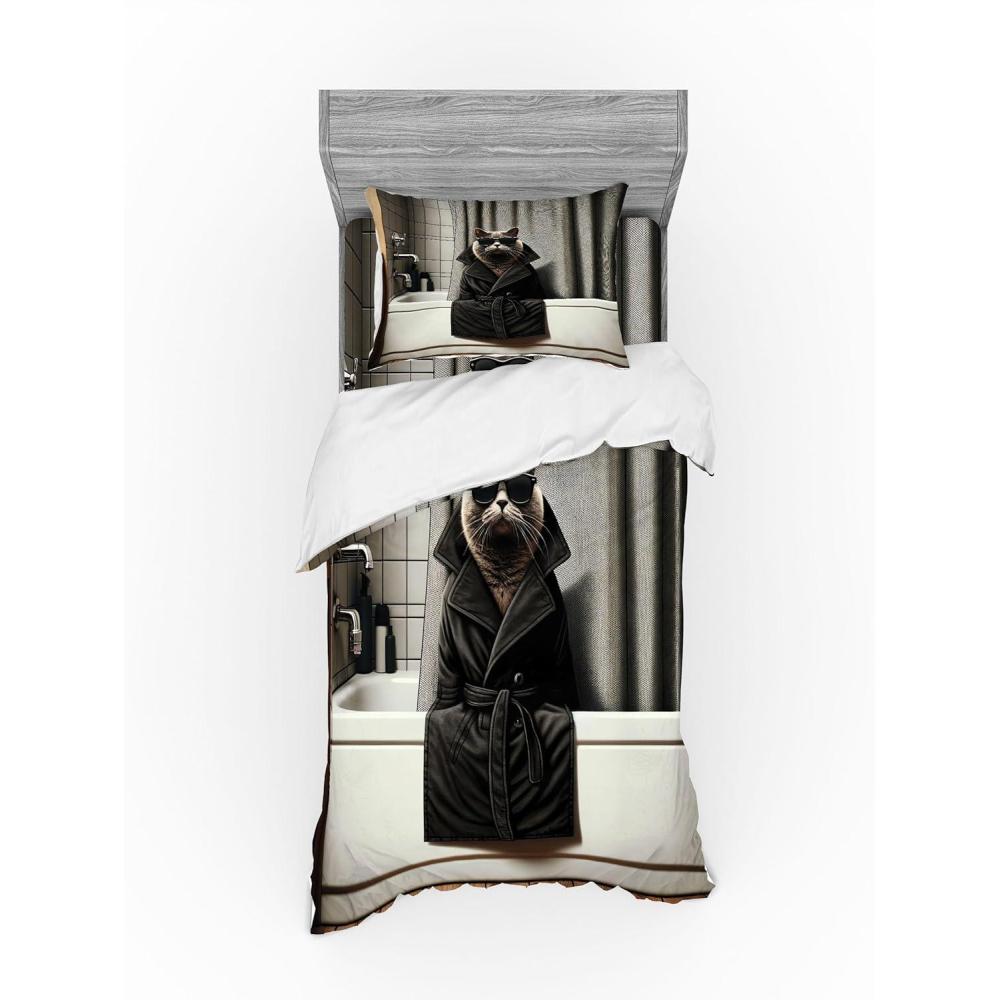 imageAmbesonne Cat Bedding Set Romantic Date Night of Kitties Drinking Milkshake Cozy Night Scene Valentines 4 Piece Duvet Cover Set with Shams and Fitted Sheet Queen Size Dark Blue ApricotGrey and Charcoal Grey