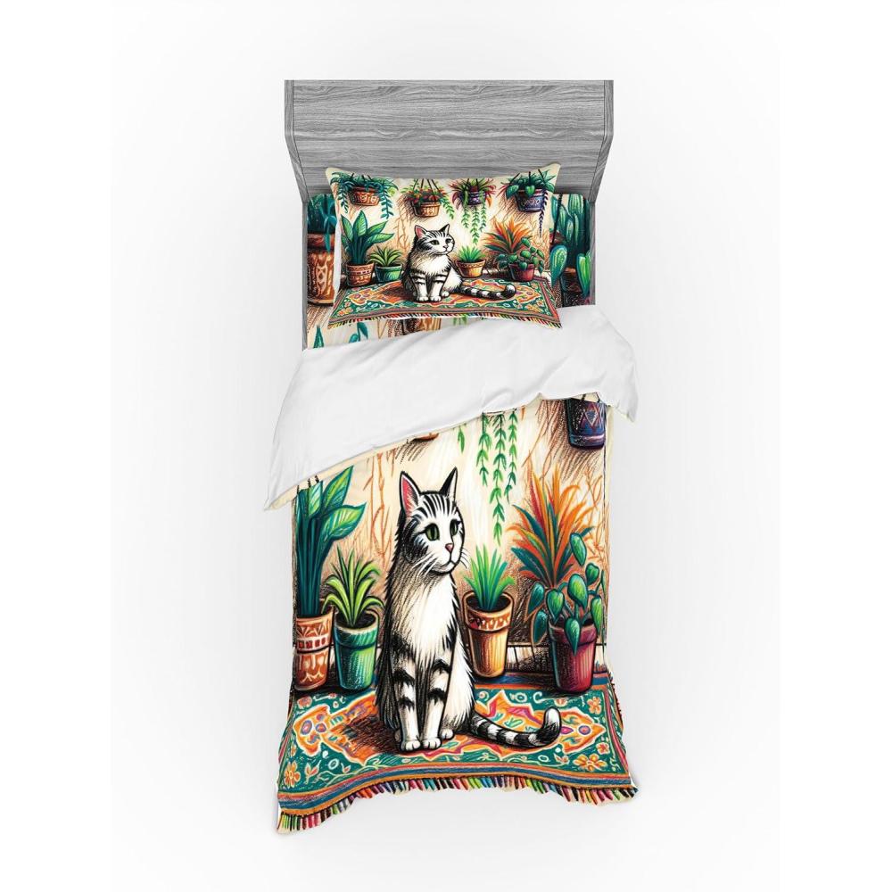 imageAmbesonne Cat Bedding Set Romantic Date Night of Kitties Drinking Milkshake Cozy Night Scene Valentines 4 Piece Duvet Cover Set with Shams and Fitted Sheet Queen Size Dark Blue ApricotJade Green Grey Orange