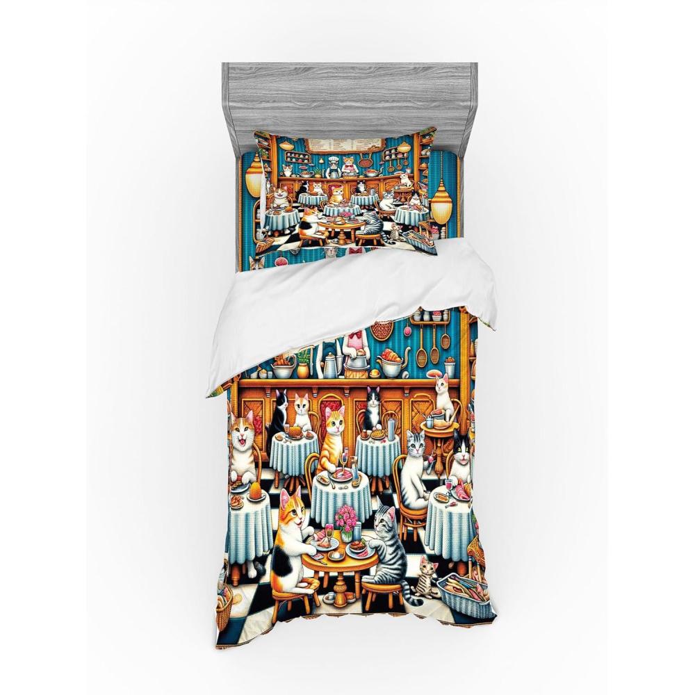 imageAmbesonne Cat Bedding Set Romantic Date Night of Kitties Drinking Milkshake Cozy Night Scene Valentines 4 Piece Duvet Cover Set with Shams and Fitted Sheet Queen Size Dark Blue ApricotSea Blue and Marigold